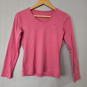 Womens Tommy Hilfiger V-neck Cotton Long Sleeve T-shirt Top Barbie Bold Pink